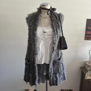 Gray rabbit fur vest with pockets